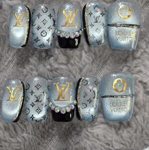 Luxury Silver-Blue Designer Inspired Logo Press-On Nail Set